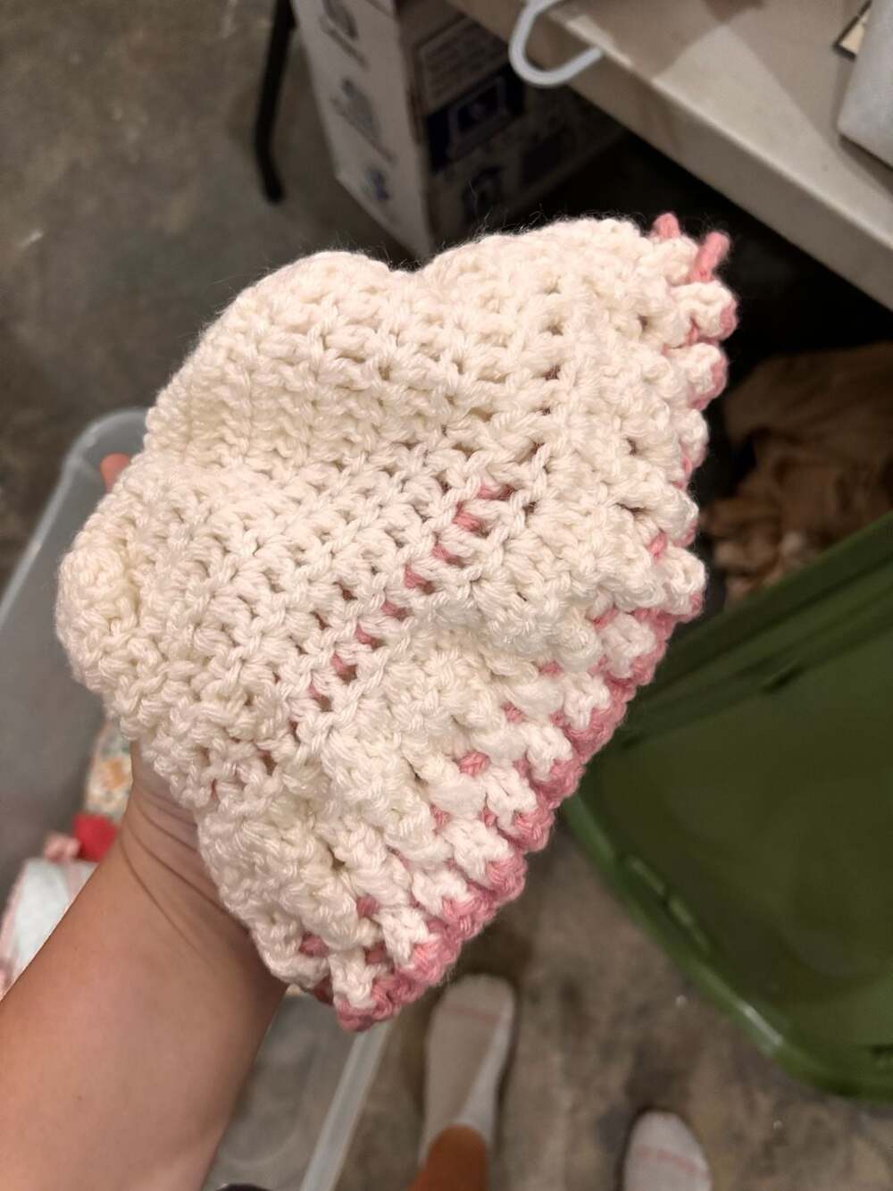 Newborn Handmade Crochet Bucket Hat in Cream and Pink Ruffled Trim